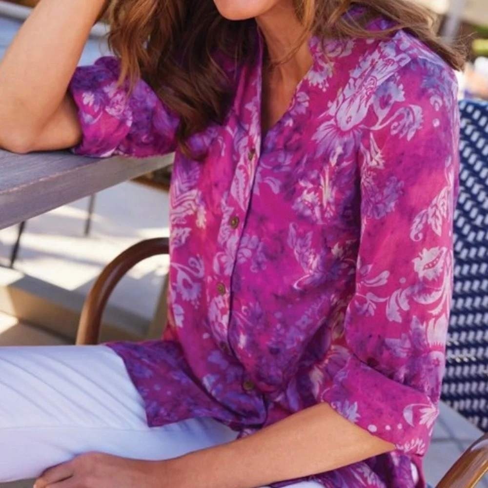 Soft Surroundings Fushia Big Island Pink Purple Batik Floral Button Up Tunic M